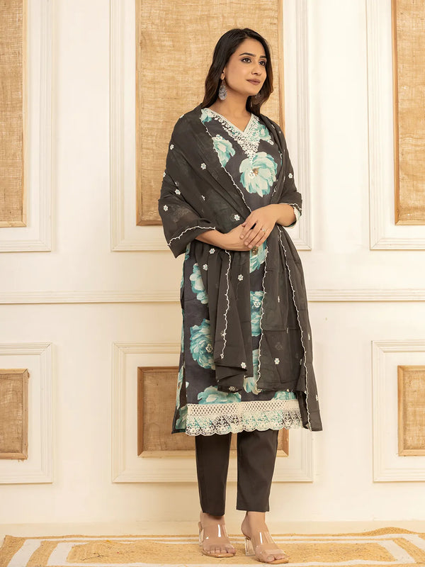 Yufta Black Floral Print Cotton Straight Side Slits Kurta And Trouser With Dupatta Set