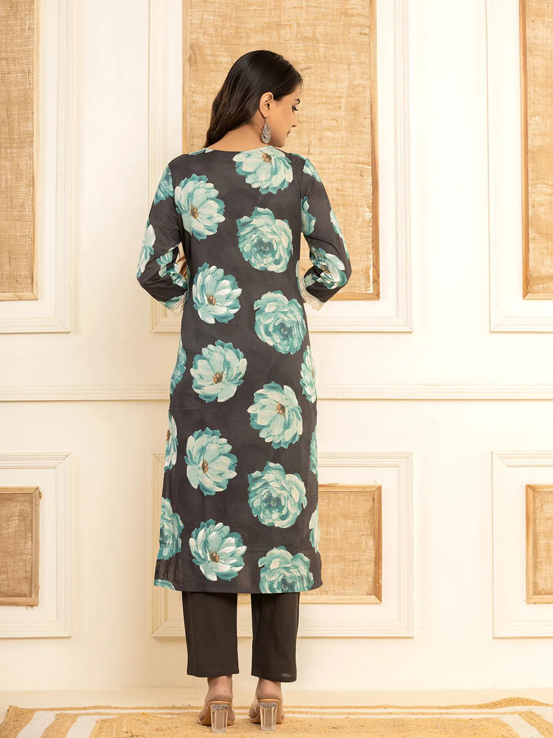 Yufta Black Floral Print Cotton Straight Side Slits Kurta And Trouser With Dupatta Set