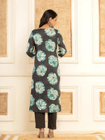 Thumbnail for Yufta Black Floral Print Cotton Straight Side Slits Kurta And Trouser With Dupatta Set