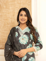 Thumbnail for Yufta Black Floral Print Cotton Straight Side Slits Kurta And Trouser With Dupatta Set