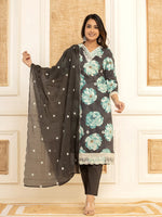 Thumbnail for Yufta Black Floral Print Cotton Straight Side Slits Kurta And Trouser With Dupatta Set
