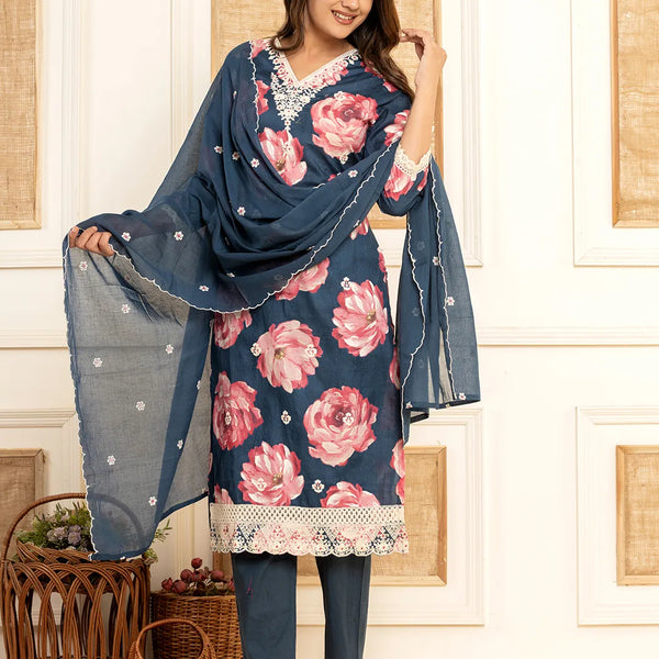 Yufta Purple Floral Print Cotton Straight Side Slits Kurta And Trouser With Dupatta Set - Distacart