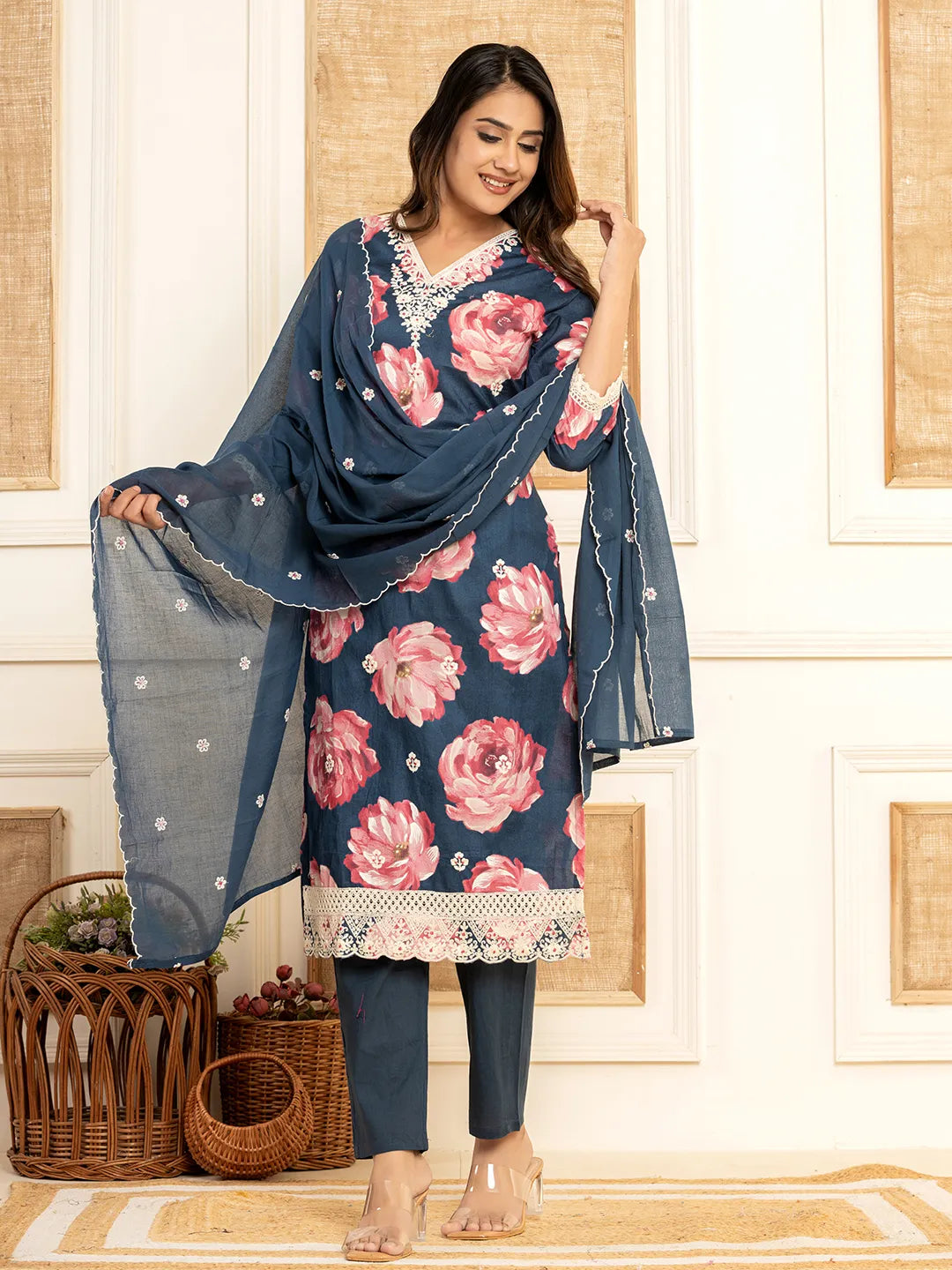 Yufta Purple Floral Print Cotton Straight Side Slits Kurta And Trouser With Dupatta Set - Distacart