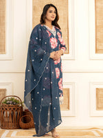 Thumbnail for Yufta Purple Floral Print Cotton Straight Side Slits Kurta And Trouser With Dupatta Set