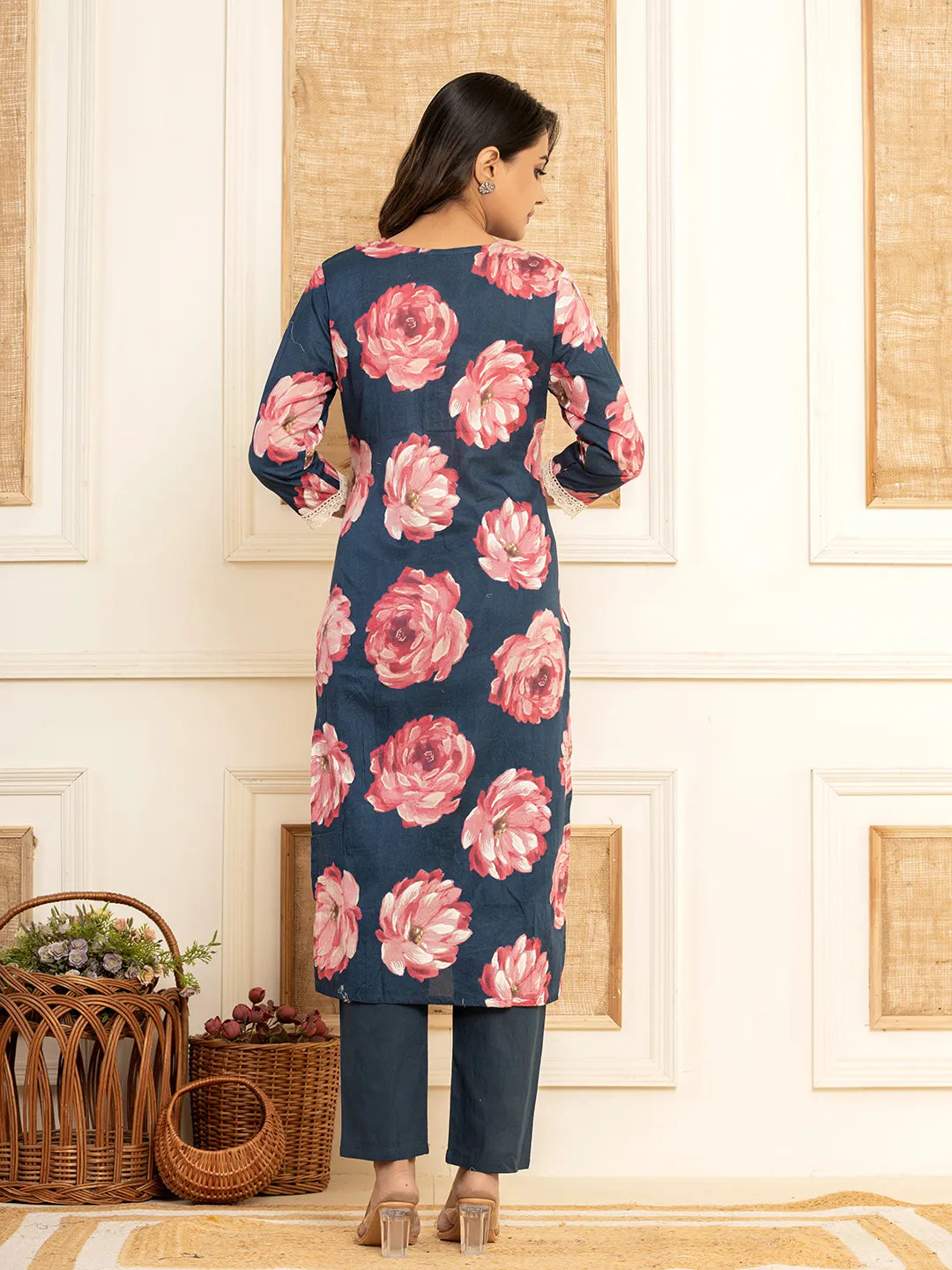 Yufta Purple Floral Print Cotton Straight Side Slits Kurta And Trouser With Dupatta Set