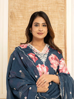 Thumbnail for Yufta Purple Floral Print Cotton Straight Side Slits Kurta And Trouser With Dupatta Set