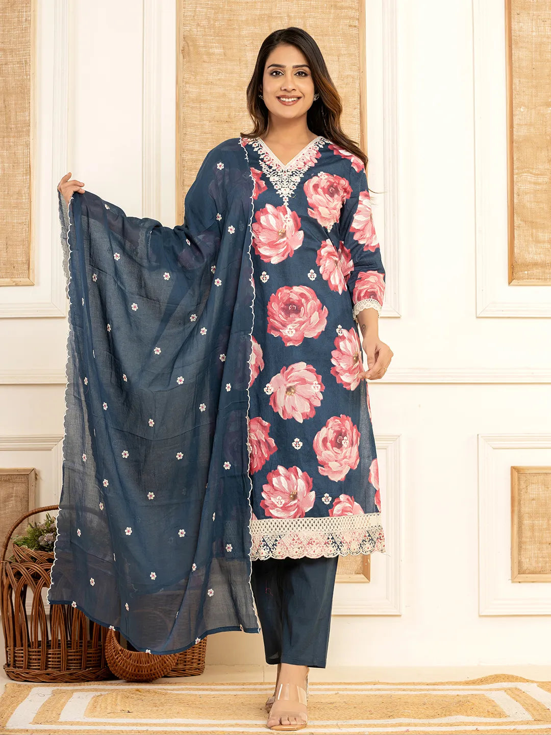 Yufta Purple Floral Print Cotton Straight Side Slits Kurta And Trouser With Dupatta Set