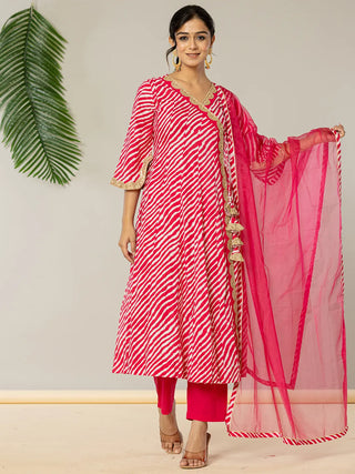 Yufta Cotton Leheriya Hot Pink Kurta Dupatta Pant Set