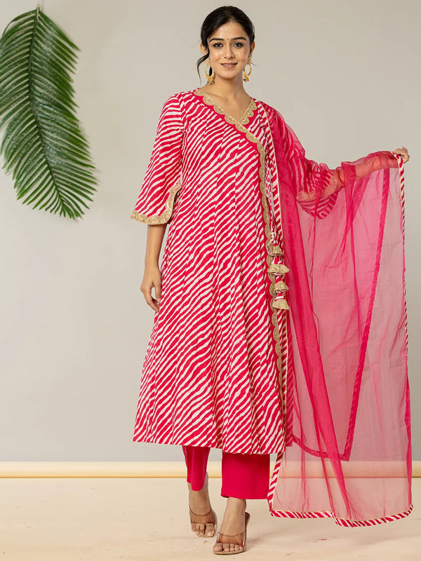 Yufta Cotton Leheriya Hot Pink Kurta Dupatta Pant Set