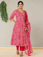 Thumbnail for Yufta Cotton Leheriya Hot Pink Kurta Dupatta Pant Set