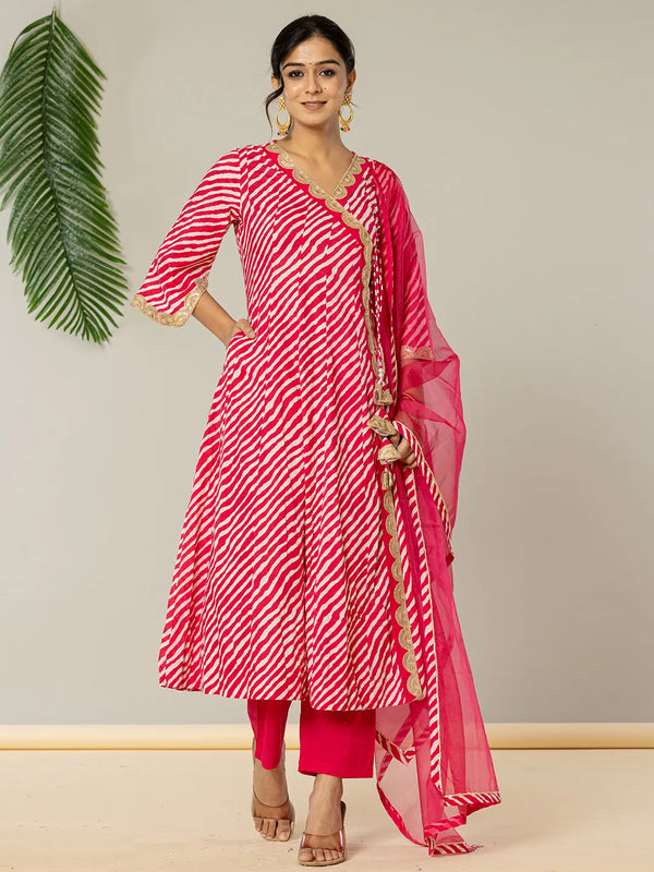 Yufta Cotton Leheriya Hot Pink Kurta Dupatta Pant Set
