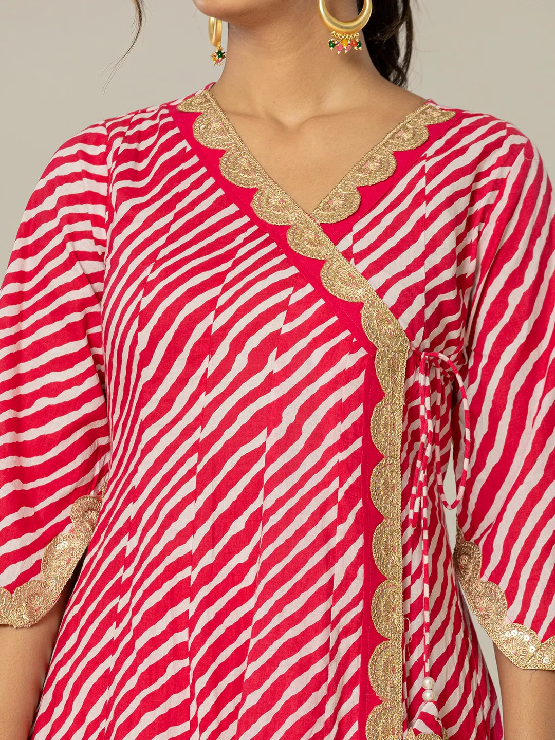 Yufta Cotton Leheriya Hot Pink Kurta Dupatta Pant Set