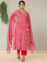 Thumbnail for Yufta Cotton Leheriya Hot Pink Kurta Dupatta Pant Set