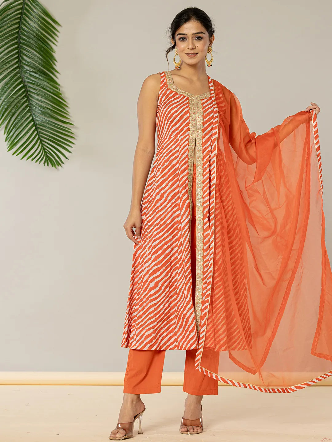 Yufta Cotton Leheriya Orange Kurta Dupatta Set - Distacart
