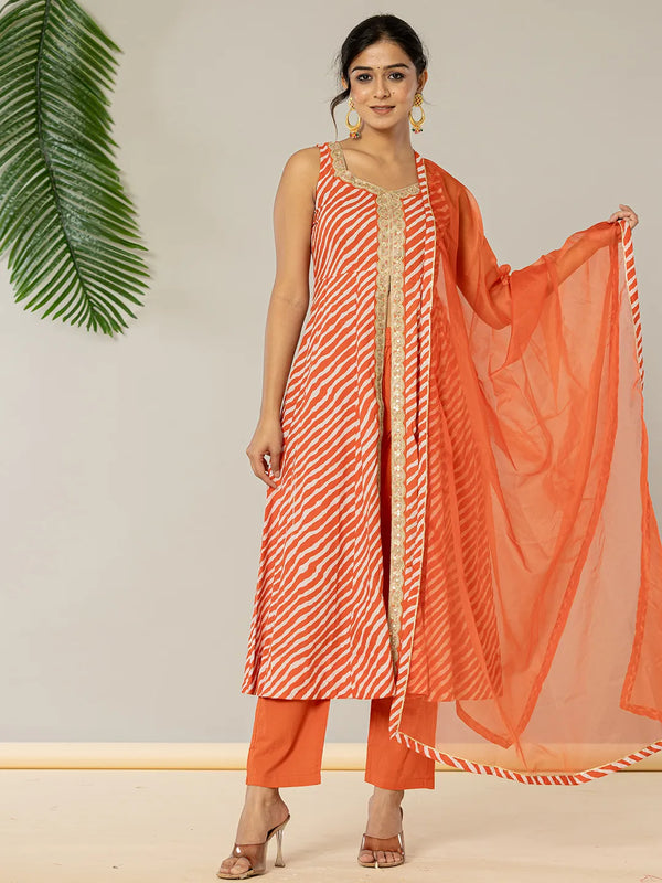 Yufta Cotton Leheriya Orange Kurta Dupatta Set