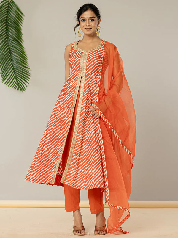 Yufta Cotton Leheriya Orange Kurta Dupatta Set
