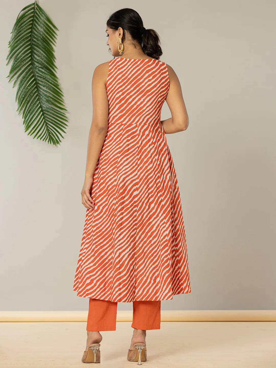 Yufta Cotton Leheriya Orange Kurta Dupatta Set