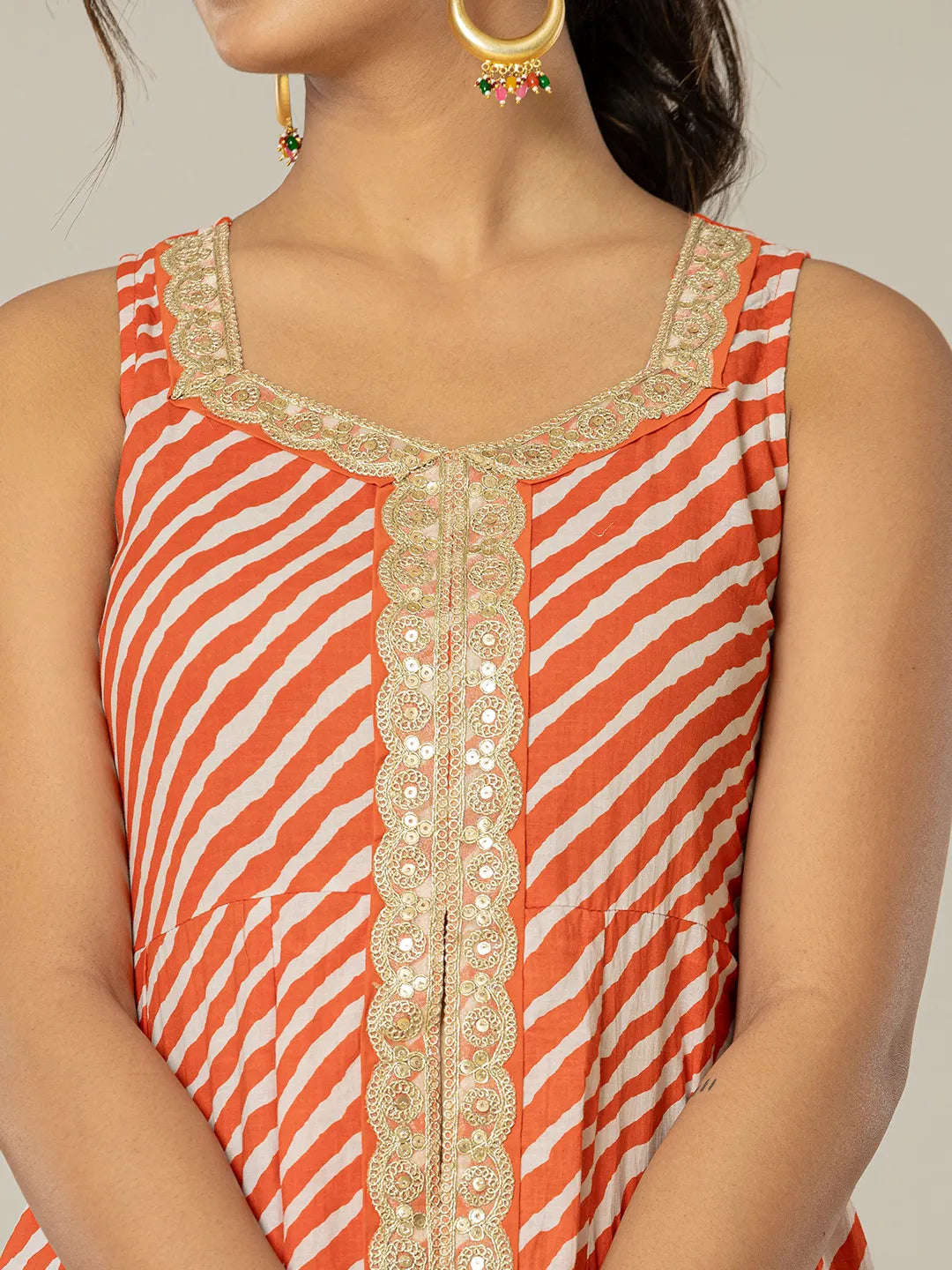 Yufta Cotton Leheriya Orange Kurta Dupatta Set