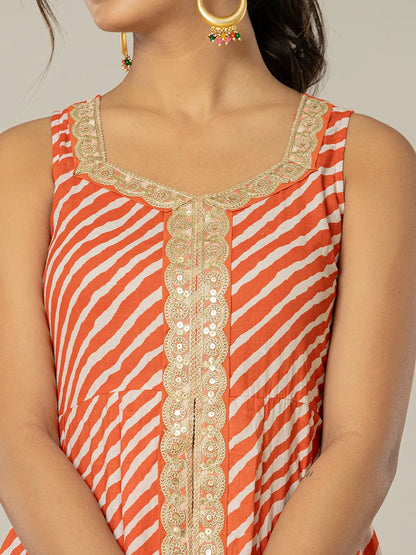 Yufta Cotton Leheriya Orange Kurta Dupatta Set - Distacart
