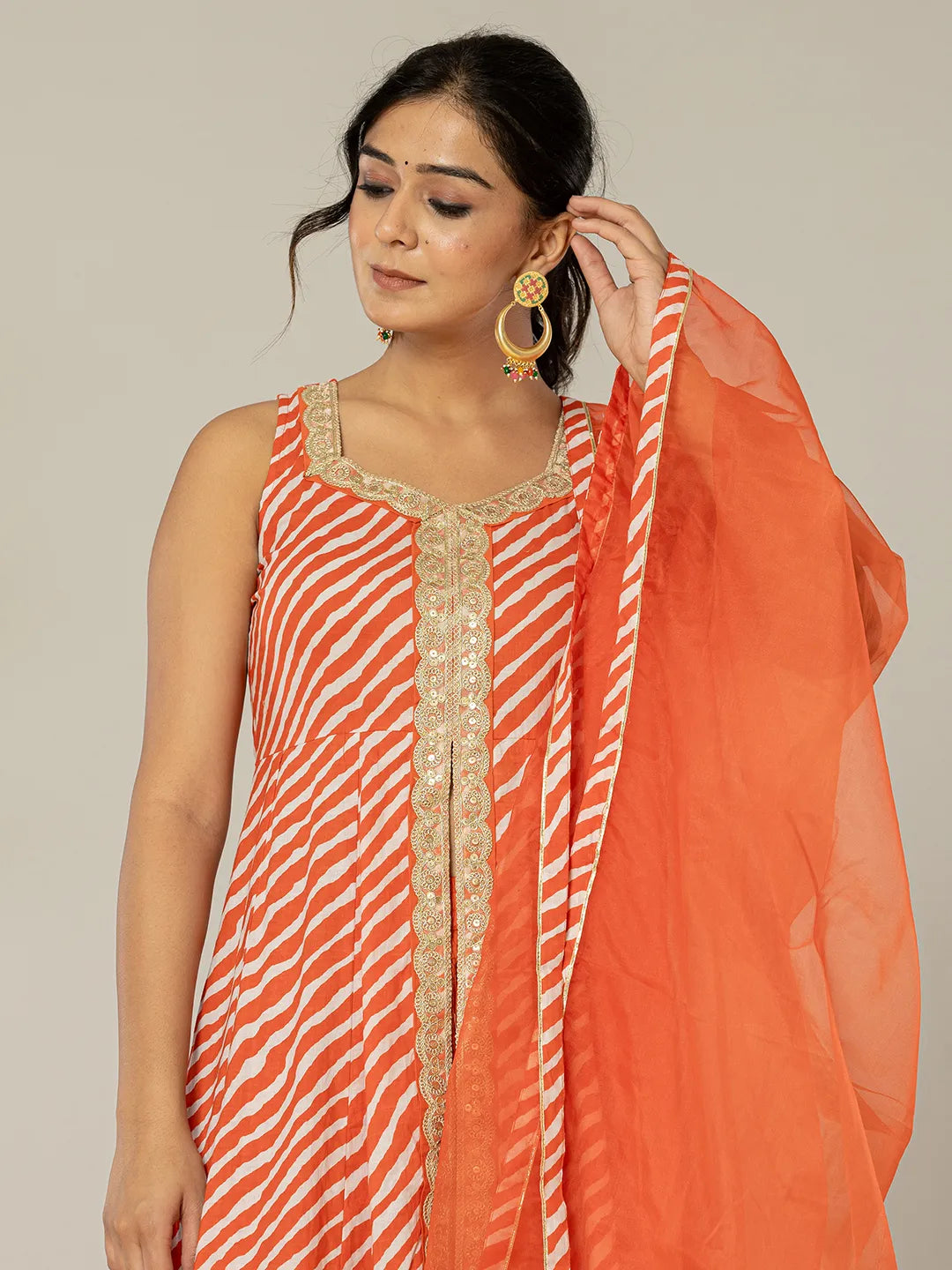 Yufta Cotton Leheriya Orange Kurta Dupatta Set