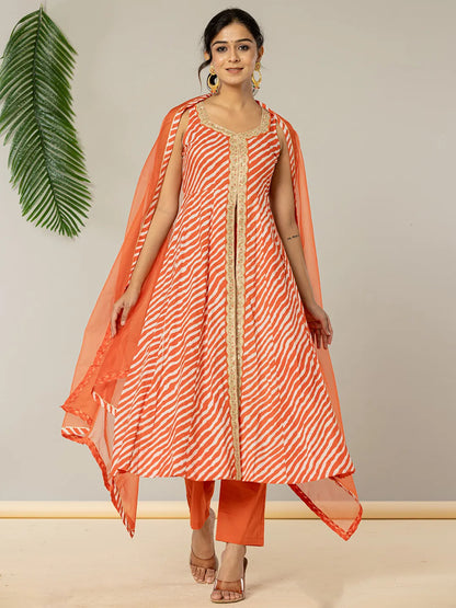 Yufta Cotton Leheriya Orange Kurta Dupatta Set - Distacart