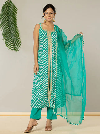 Yufta Cotton Leheriya Kurta Dupatta Pant Set