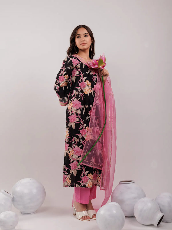 Yufta Black Floral Print Cotton Straight Kurta Trouser With Dupatta Set