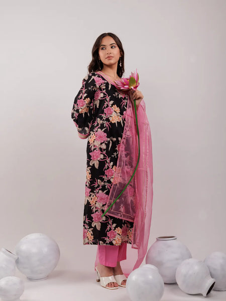Yufta Black Floral Print Cotton Straight Kurta Trouser With Dupatta Set