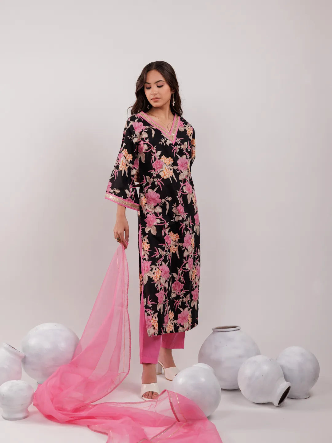 Yufta Black Floral Print Cotton Straight Kurta Trouser With Dupatta Set - Distacart