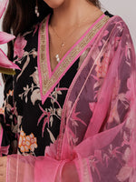 Thumbnail for Yufta Black Floral Print Cotton Straight Kurta Trouser With Dupatta Set