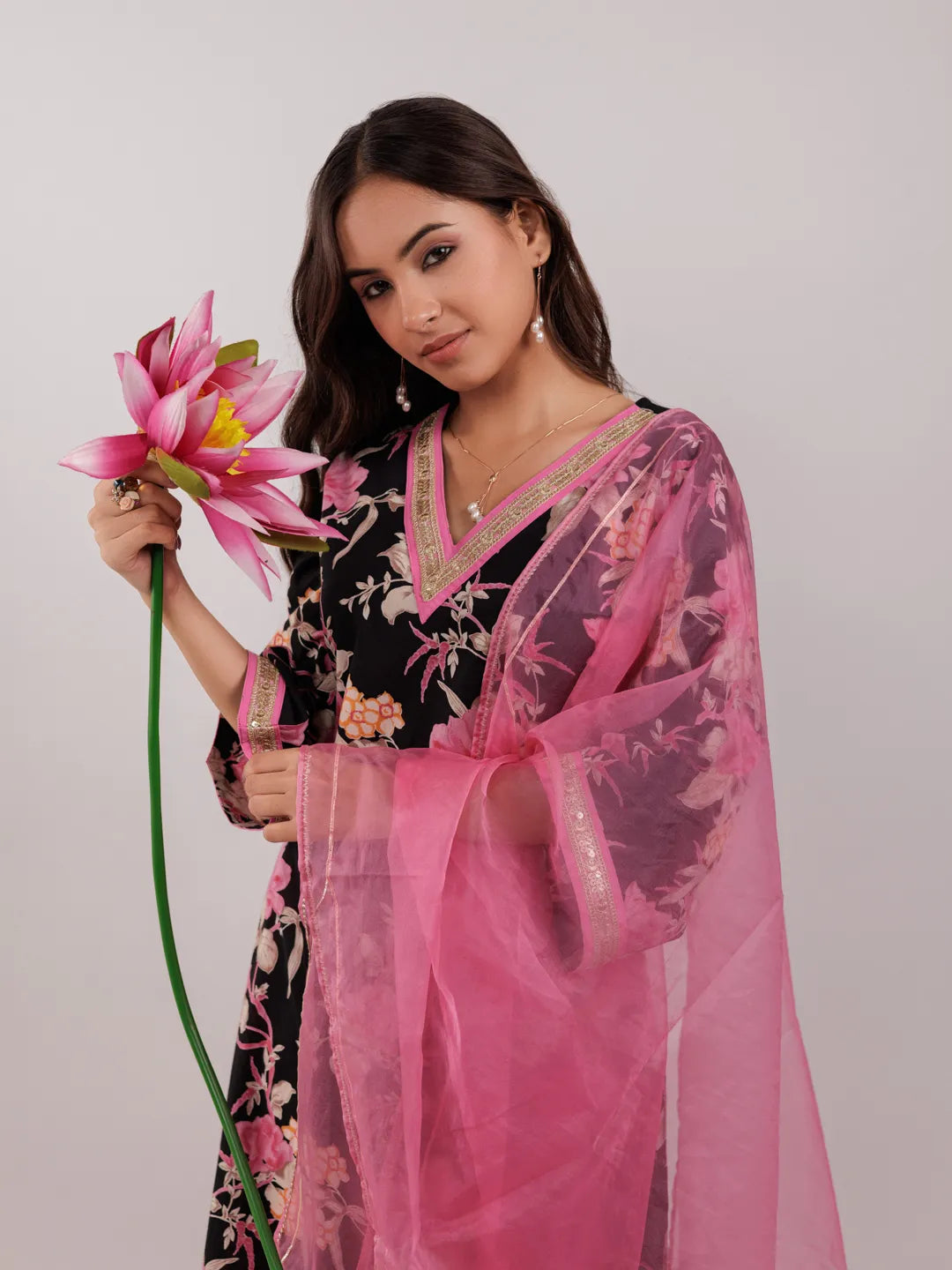 Yufta Black Floral Print Cotton Straight Kurta Trouser With Dupatta Set