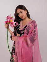 Thumbnail for Yufta Black Floral Print Cotton Straight Kurta Trouser With Dupatta Set