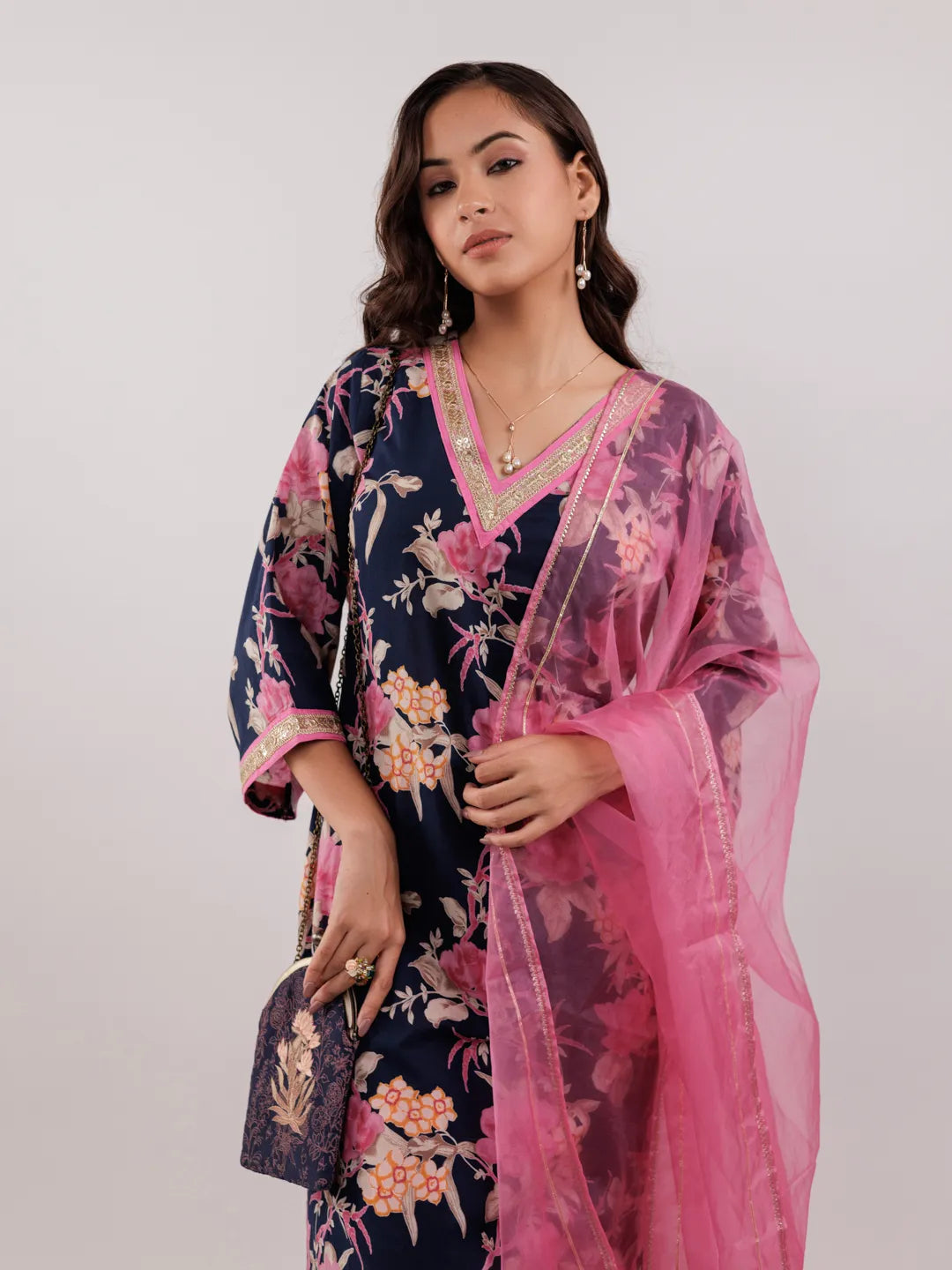 Yufta Navy Blue Floral Print Cotton Straight Kurta Trouser With Dupatta Set