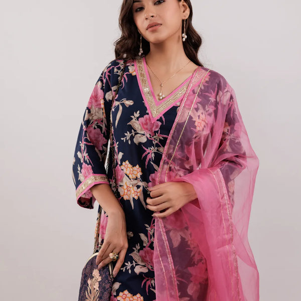 Yufta Navy Blue Floral Print Cotton Straight Kurta Trouser With Dupatta Set - Distacart