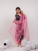 Thumbnail for Yufta Navy Blue Floral Print Cotton Straight Kurta Trouser With Dupatta Set