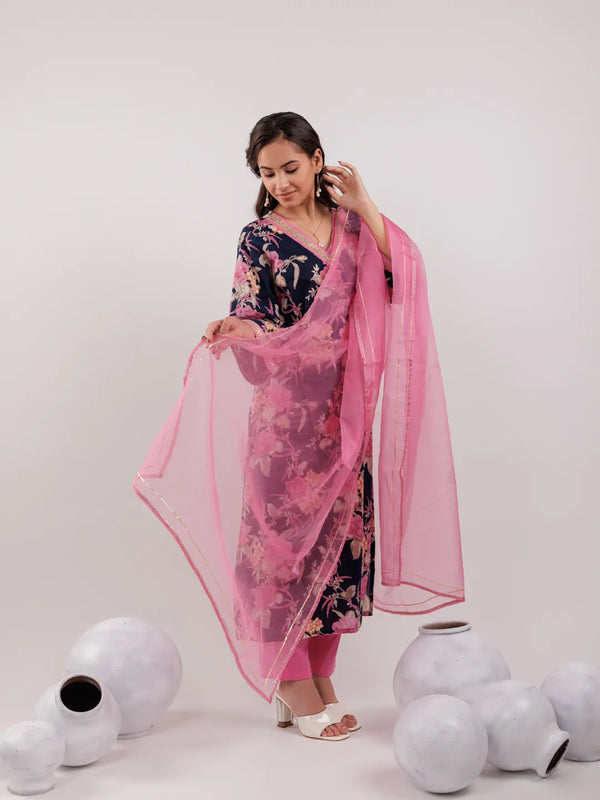 Yufta Navy Blue Floral Print Cotton Straight Kurta Trouser With Dupatta Set