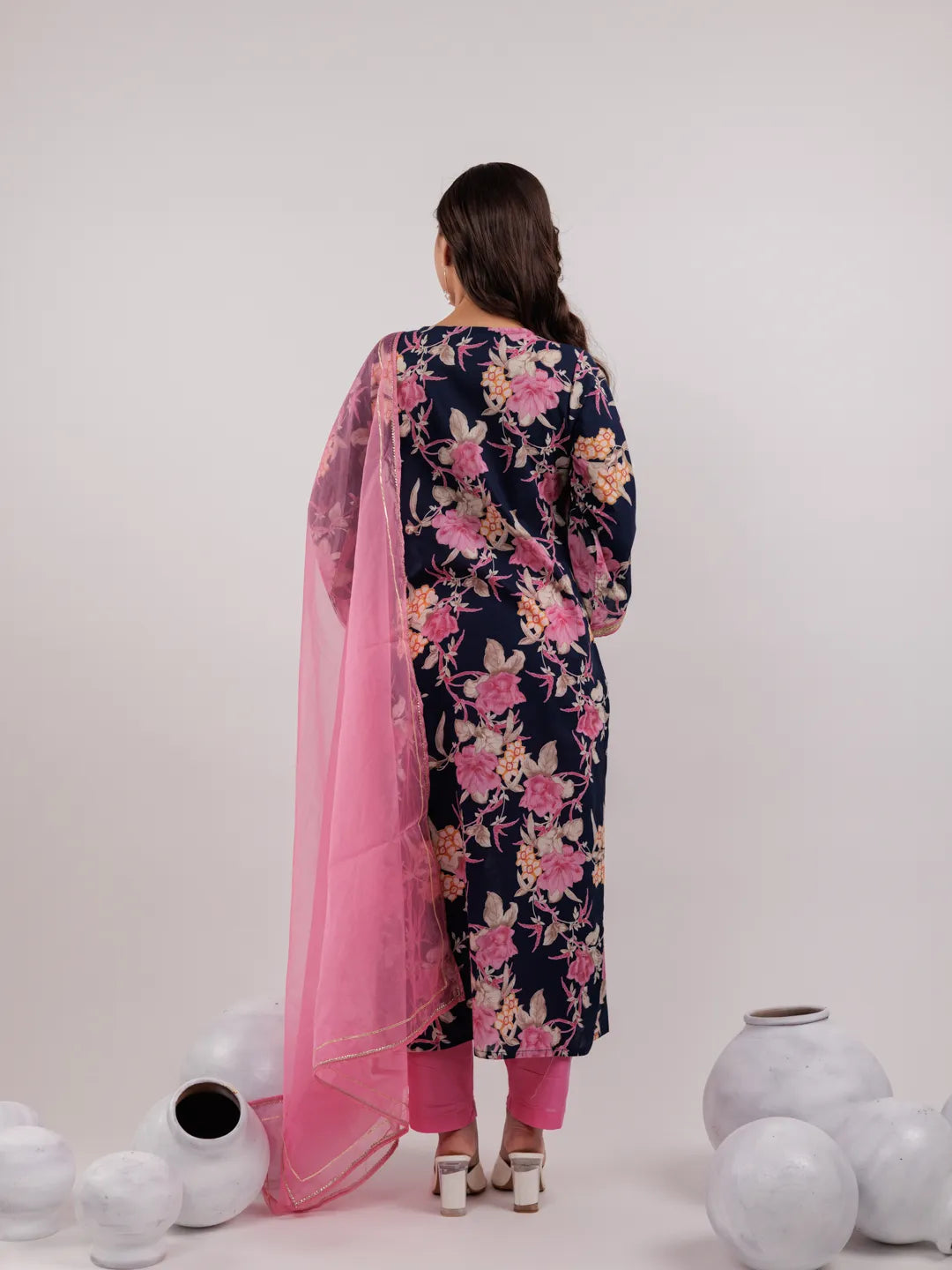 Yufta Navy Blue Floral Print Cotton Straight Kurta Trouser With Dupatta Set
