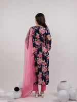 Thumbnail for Yufta Navy Blue Floral Print Cotton Straight Kurta Trouser With Dupatta Set