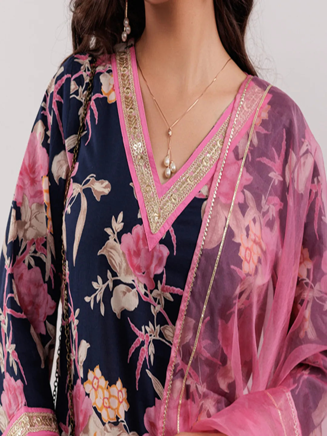 Yufta Navy Blue Floral Print Cotton Straight Kurta Trouser With Dupatta Set