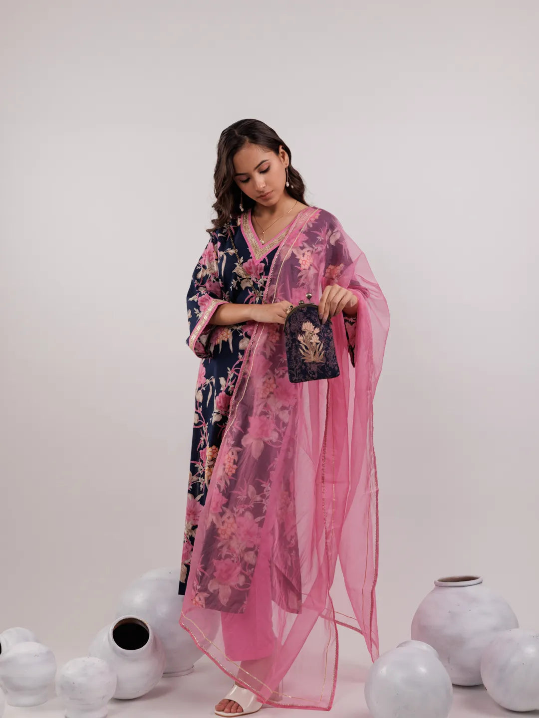 Yufta Navy Blue Floral Print Cotton Straight Kurta Trouser With Dupatta Set