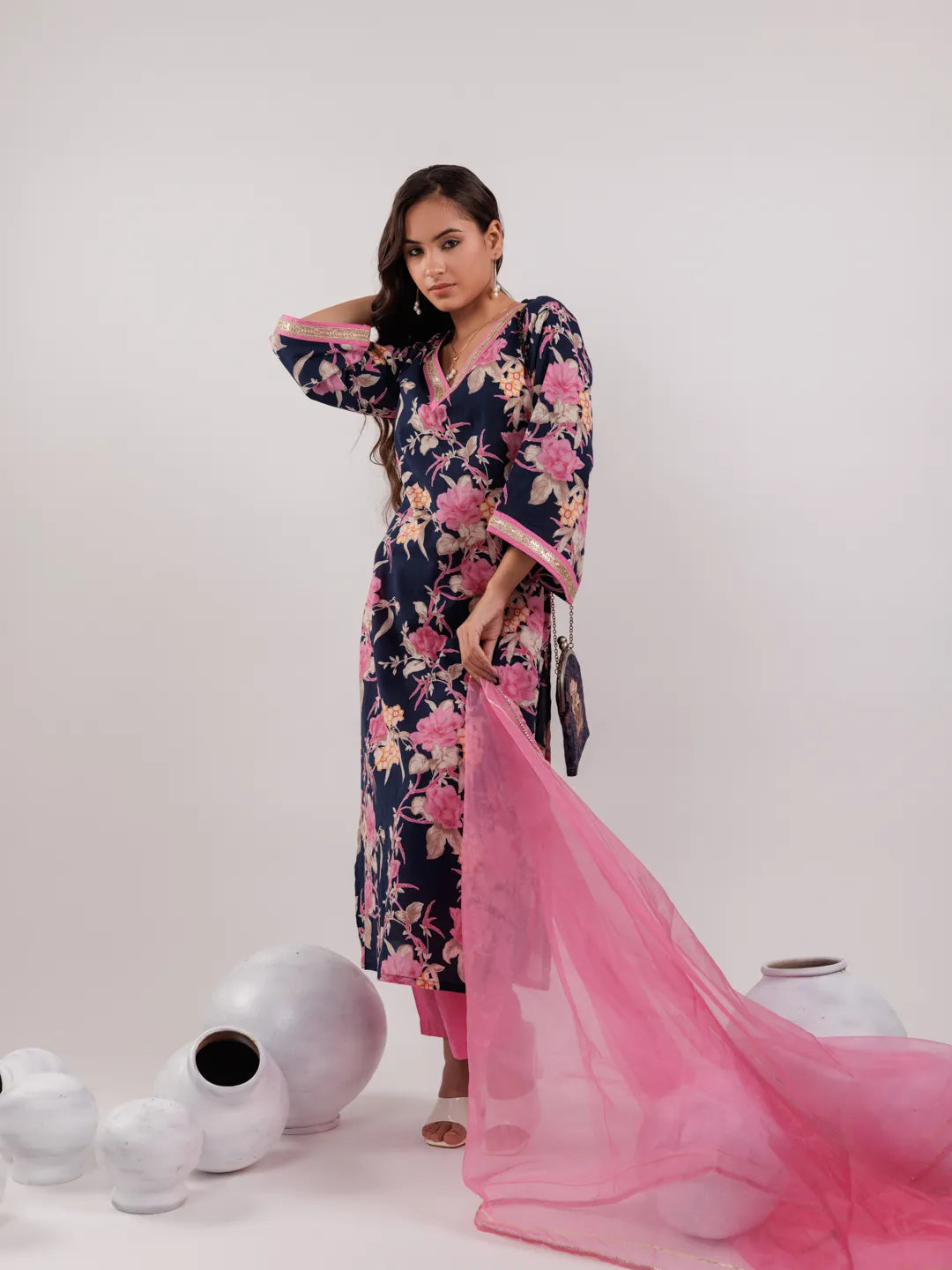 Yufta Navy Blue Floral Print Cotton Straight Kurta Trouser With Dupatta Set