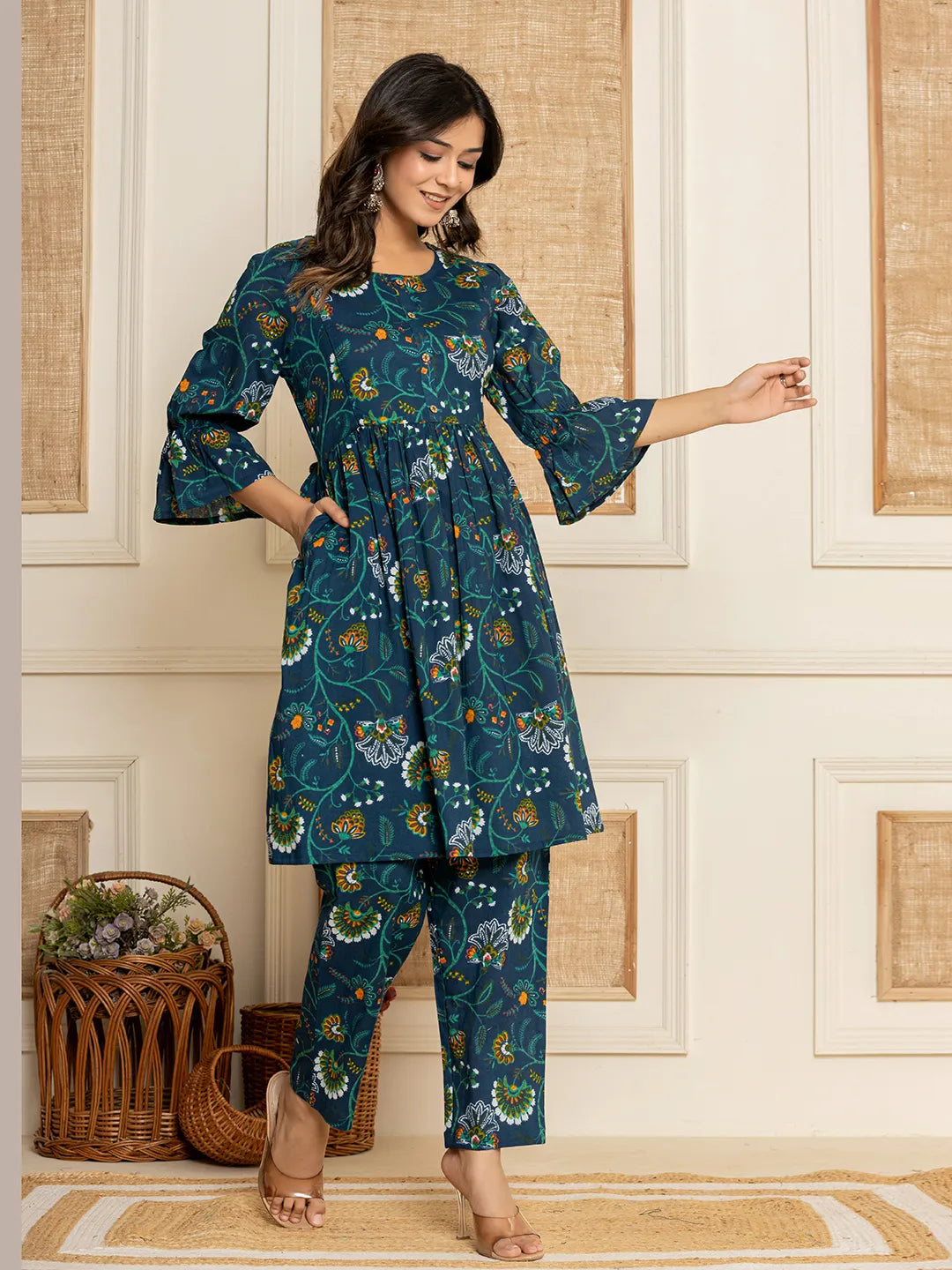 Yufta Blue Cotton Maternity Kurta Pants Set - Distacart
