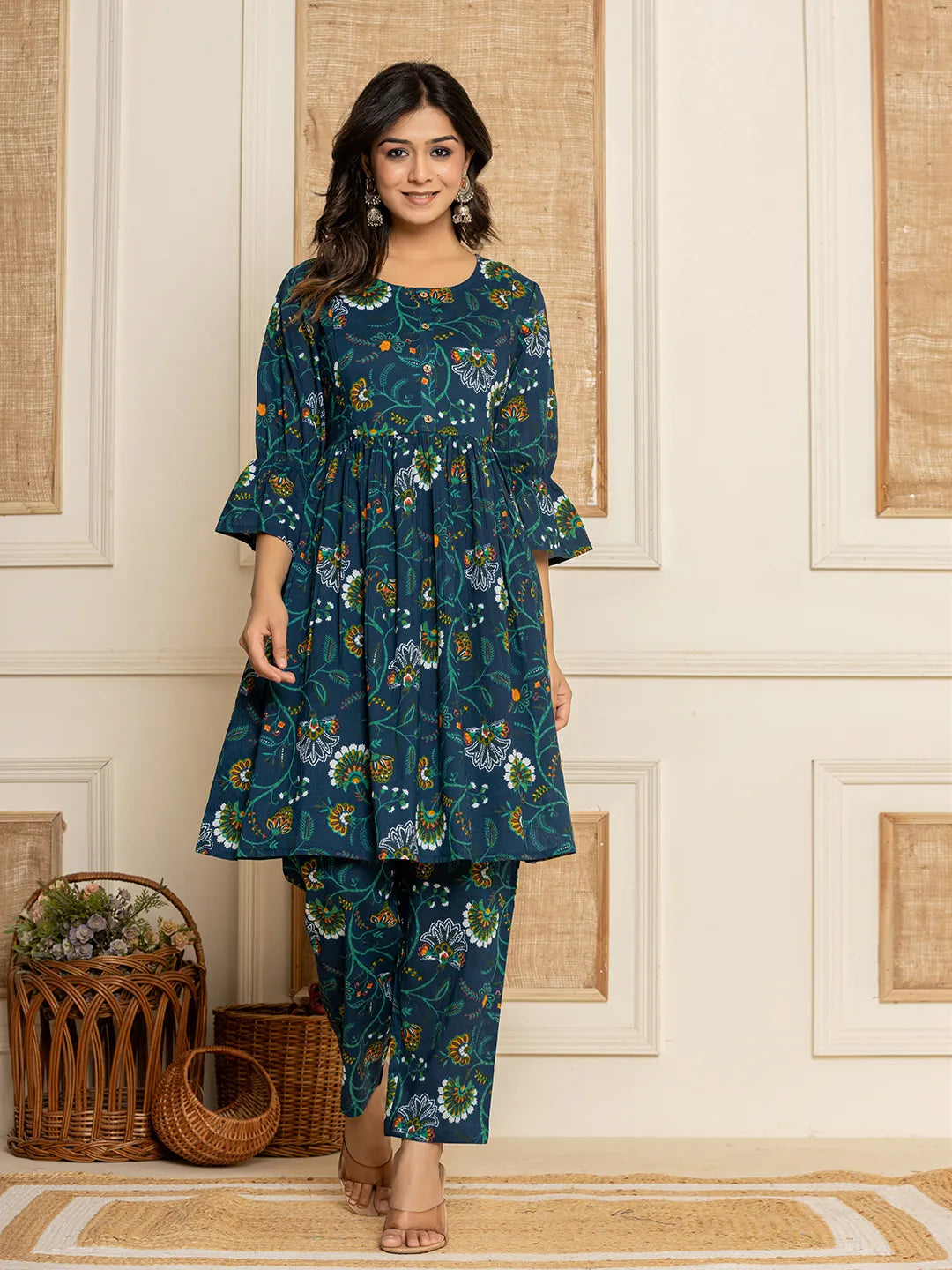 Yufta Blue Cotton Maternity Kurta Pants Set - Distacart