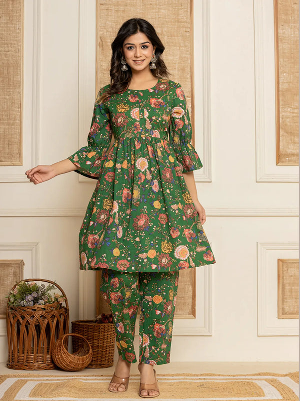 Yufta Green Cotton Maternity Kurta Pants Set