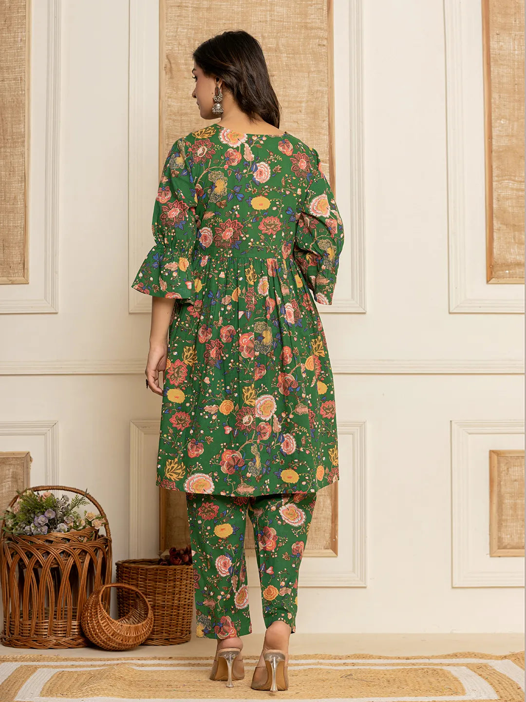 Yufta Green Cotton Maternity Kurta Pants Set