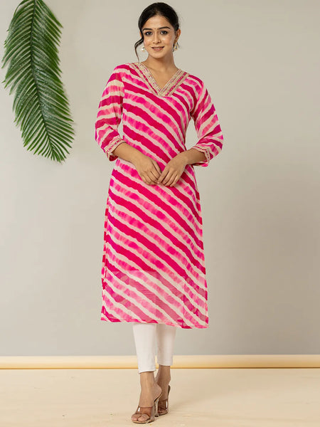 Yufta Pink Georgette Lehriya Kurta