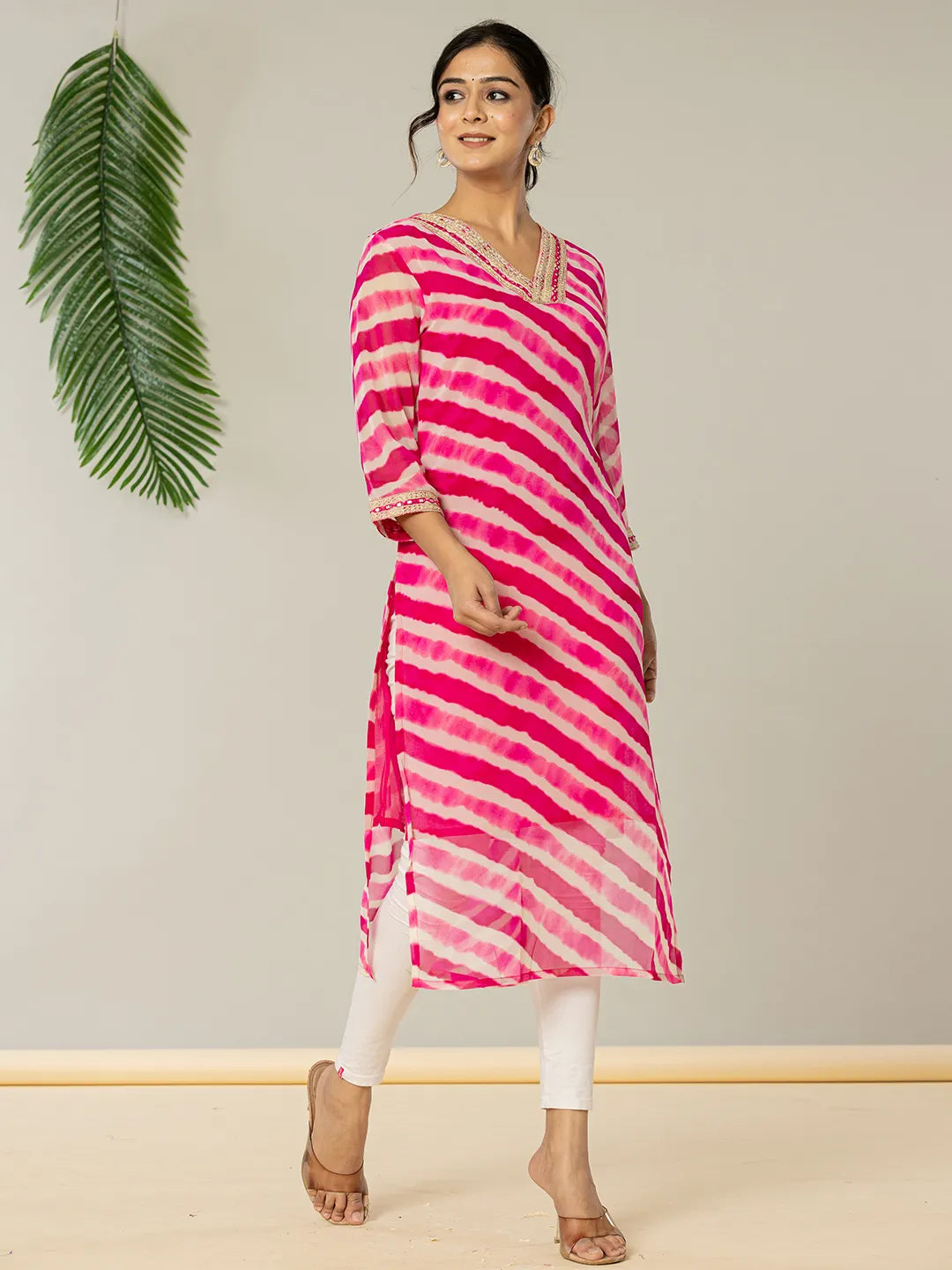 Yufta Pink Georgette Lehriya Kurta - Distacart