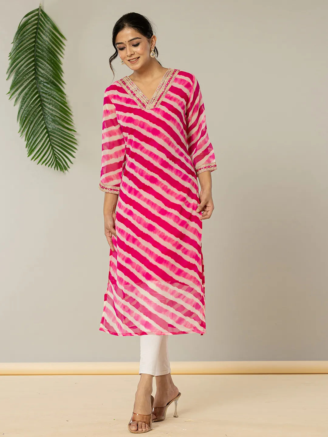 Yufta Pink Georgette Lehriya Kurta