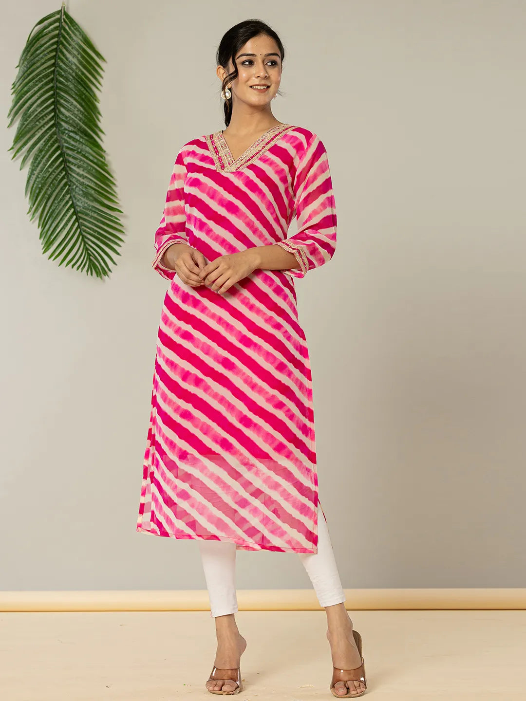 Yufta Pink Georgette Lehriya Kurta