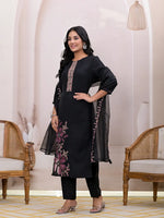 Thumbnail for Yufta Black Embroidered Silk Blend Straight Kurta Dupatta Set